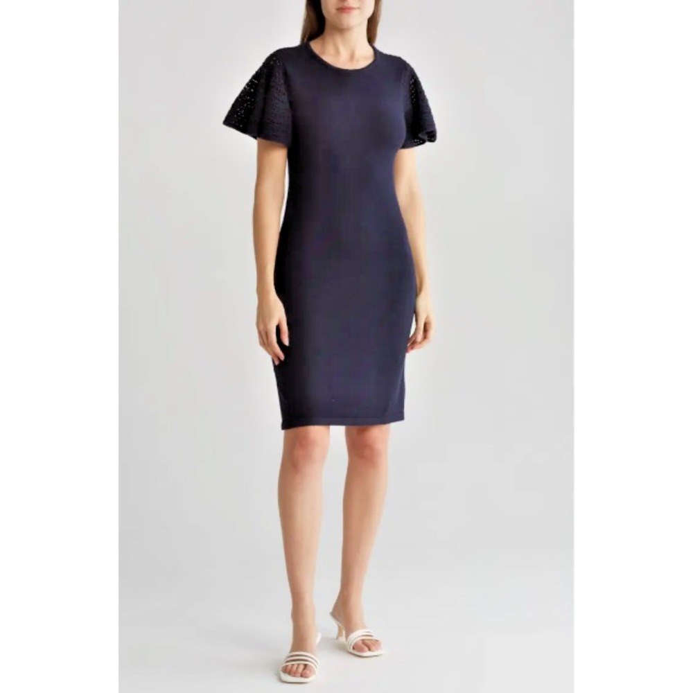 Eliza J Knit Shift Dress Crochet Flutter Sleeves Minimalist Navy Blue L